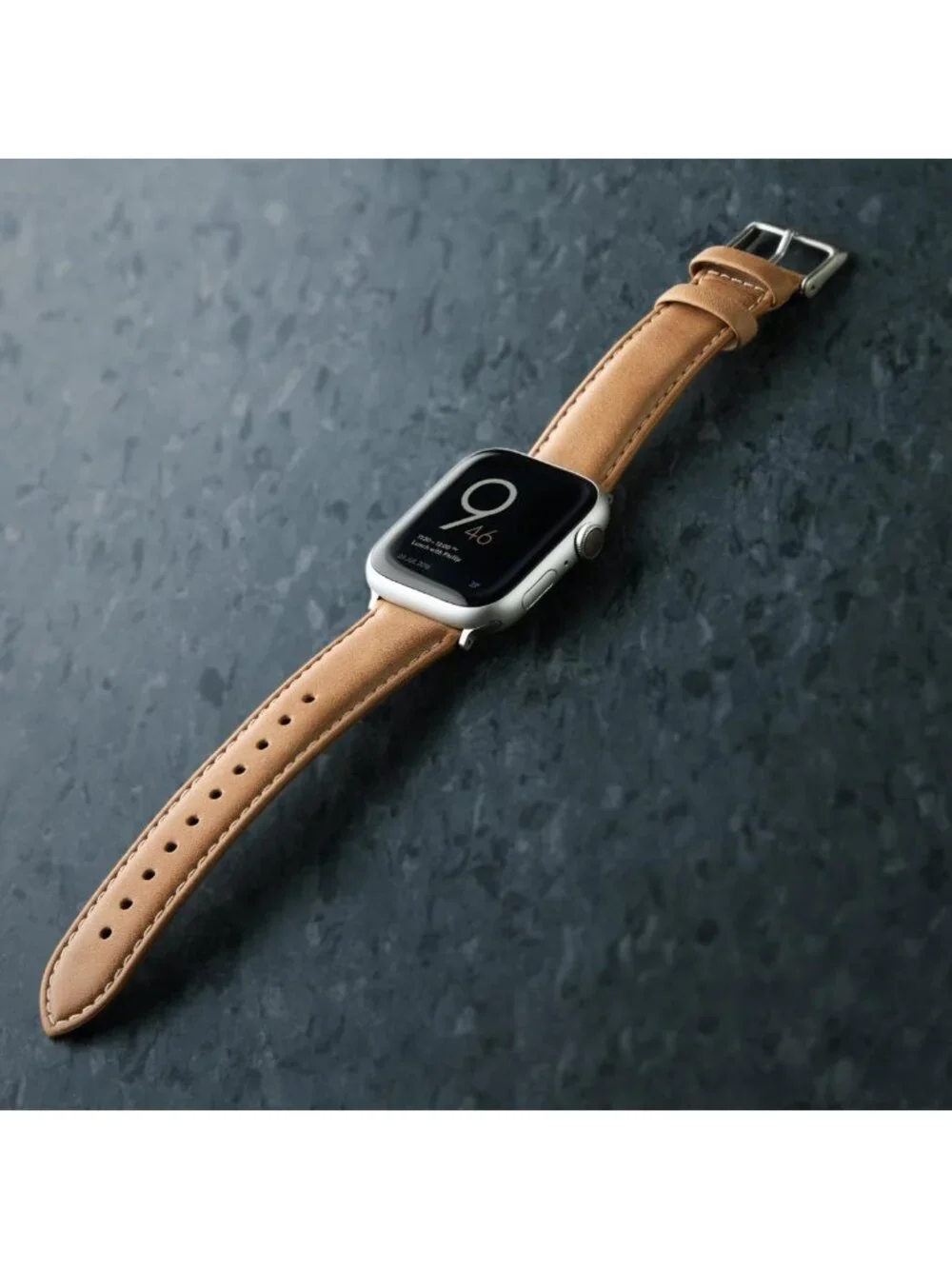Men's Camel Tan/Natural Thread, Matte Silver Hardware Leather Straps Apple Watch